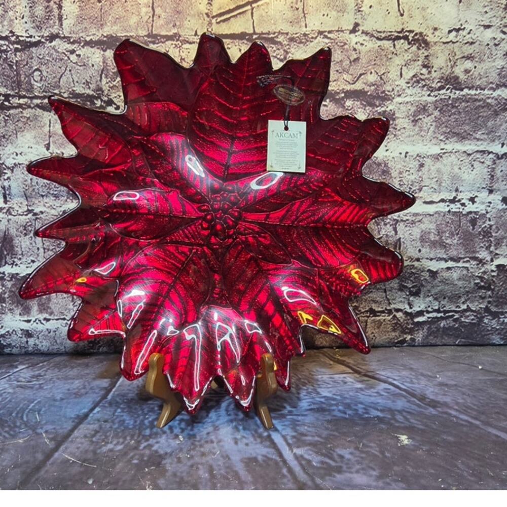 Vintage Red Poinsettia Decorative Glass Bowl by AKCAM